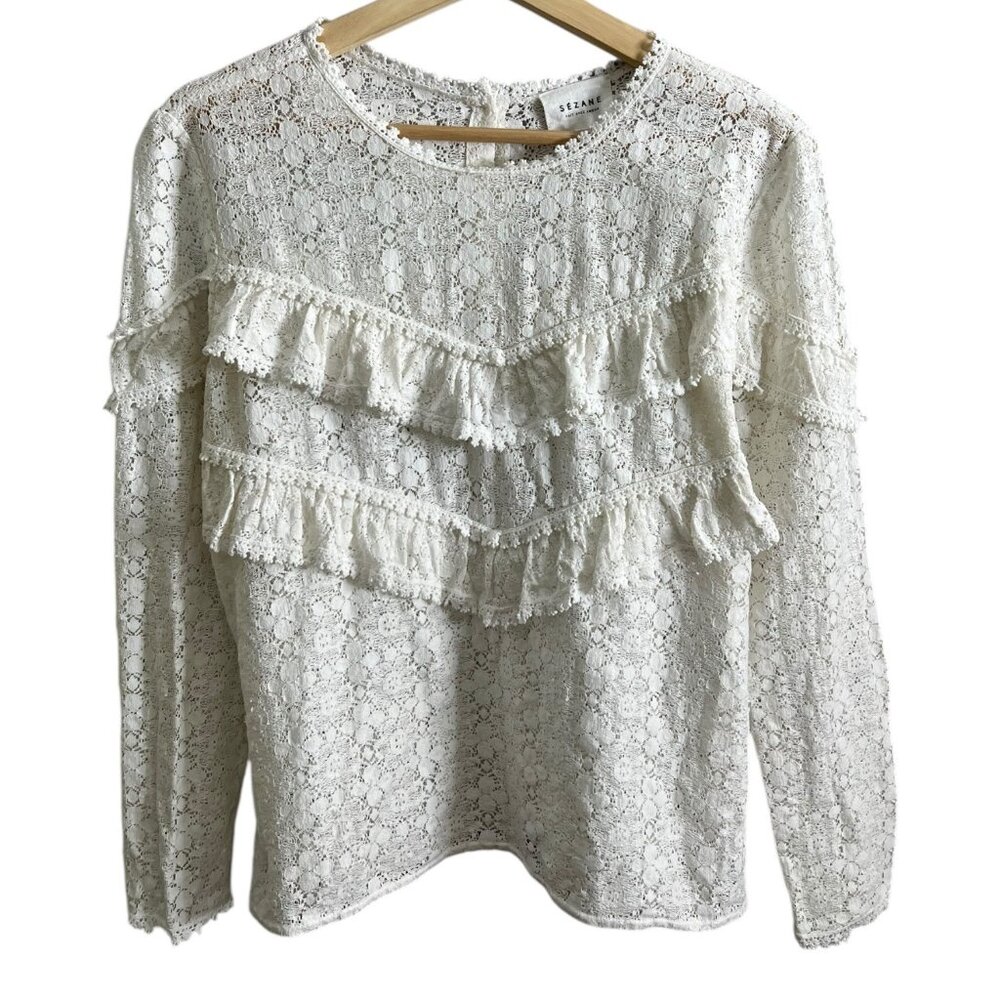 Sezane Lace Ruffle Coquette Blouse White Size 40 US 8 Large Romantic Parisian
